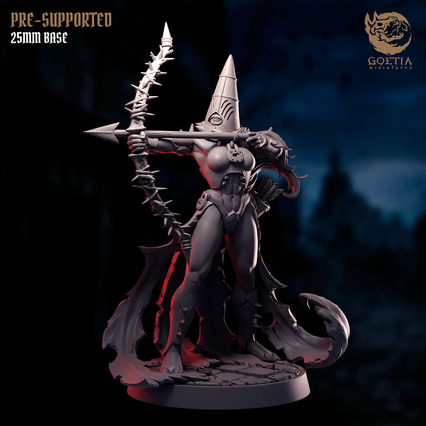 Corrupted human zealot miniature drawing barbed bow, elongated limbs, ritual armor and exposed flesh, dark faith humanoid monster, grimdark fantasy tabletop Skirmish Blood in Phaldar