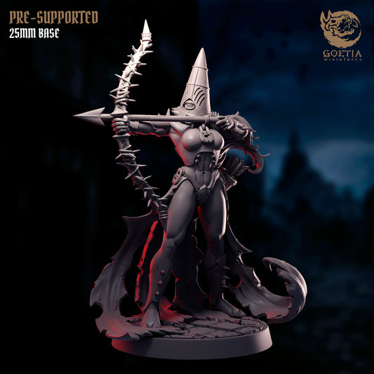 Corrupted human zealot miniature drawing barbed bow, elongated limbs, ritual armor and exposed flesh, dark faith humanoid monster, grimdark fantasy tabletop Skirmish Blood in Phaldar