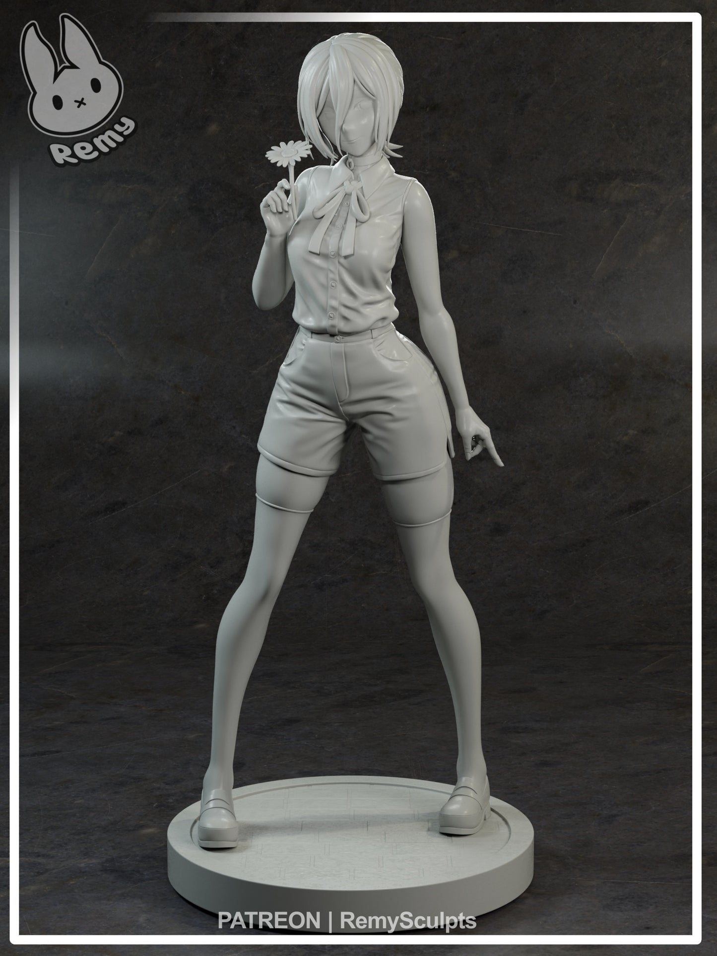 Reze Chainsaw Man 1:7 scale figure front view unpainted render holding flower sleeveless blouse shorts thigh high stockings anime collectible