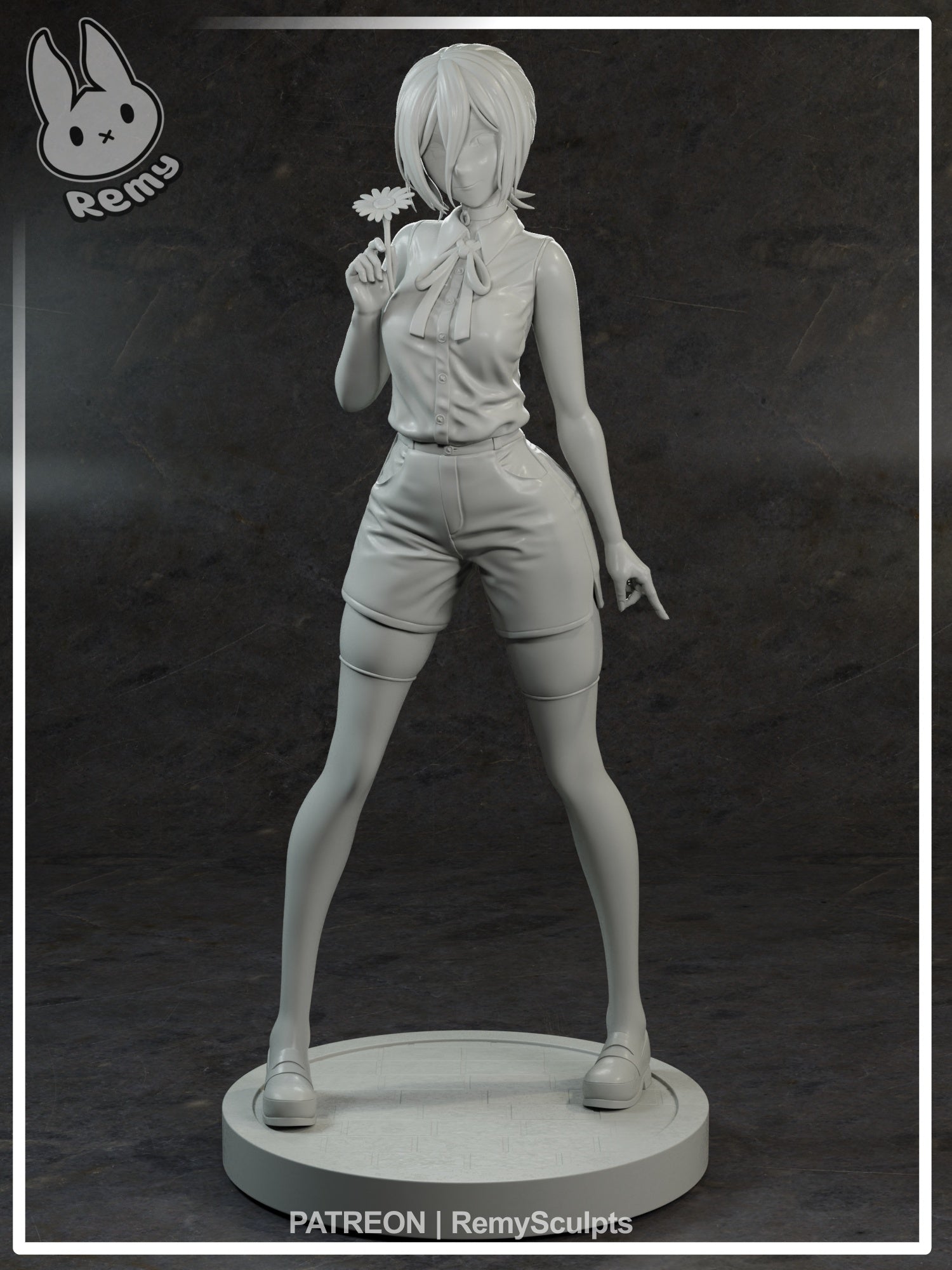 Reze Chainsaw Man 1:7 scale figure front view unpainted render holding flower sleeveless blouse shorts thigh high stockings anime collectible