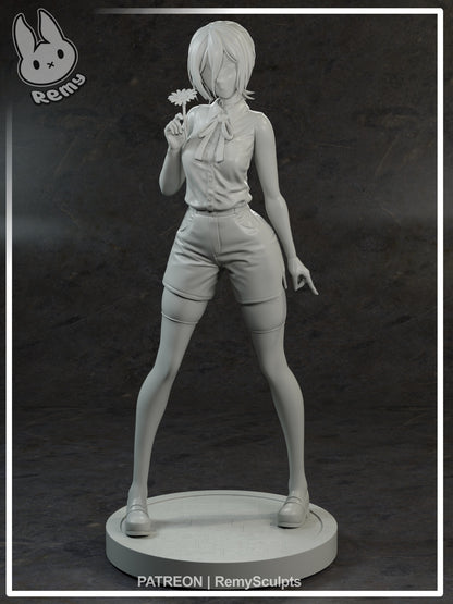 Reze Chainsaw Man 1:7 scale figure front view unpainted render holding flower sleeveless blouse shorts thigh high stockings anime collectible