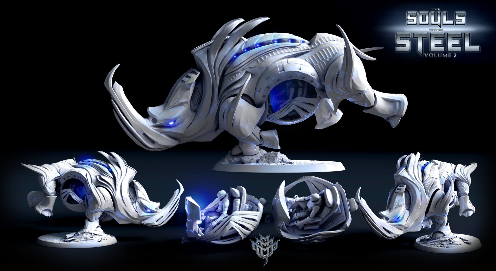 Rhino Control Pose 1 shown mid-charge, with breakout views of interior pilot pod and multiple angles of the miniature. Glowing blue lights emphasize its mechanical nature and sci-fi theme.