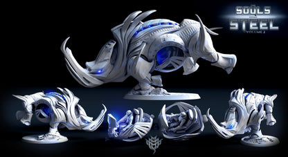 Rhino Control Pose 1 shown mid-charge, with breakout views of interior pilot pod and multiple angles of the miniature. Glowing blue lights emphasize its mechanical nature and sci-fi theme.