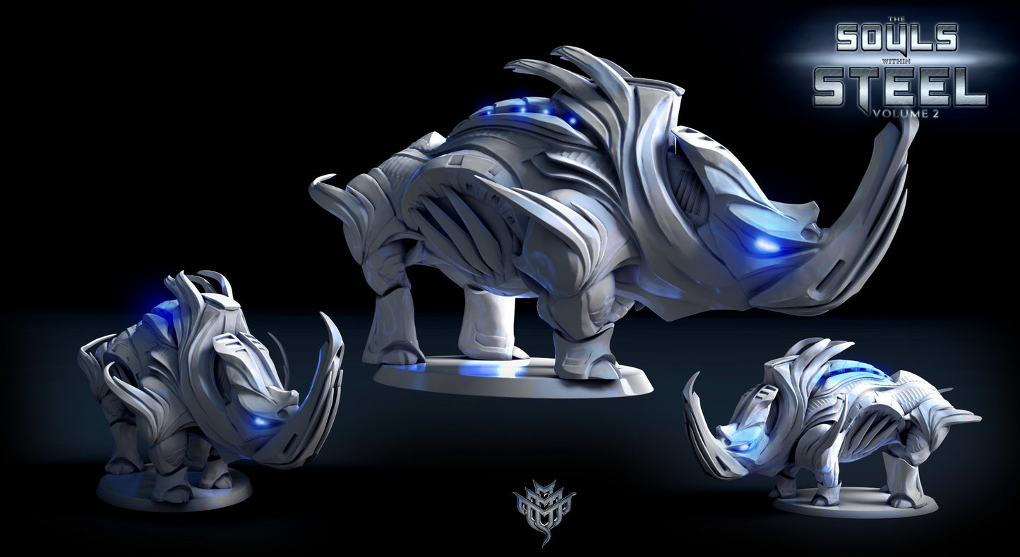 Three Rhino Control miniatures in glowing render. Features include armored rhino bodies, sweeping horns, glowing blue lights, and subtle technological ridges with visible embedded pilots.
