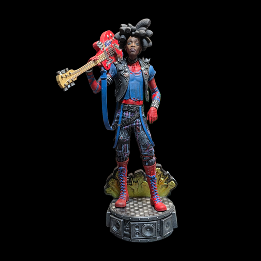Full figure of Spider-Punk fan art collectible holding guitar over shoulder, dressed in punk attire with spiked vest, patterned pants, and red boots – Marvel Comics Spider-Verse statue.