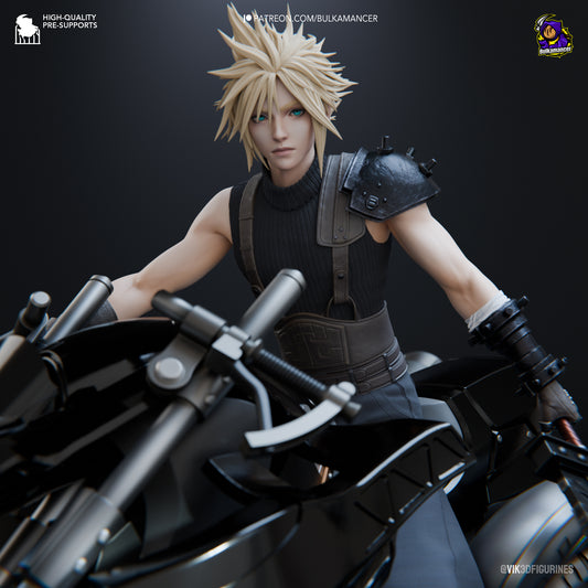 Close-up color render of Cloud Strife on his motorcycle with focused detail on face, sword, and leather armor.