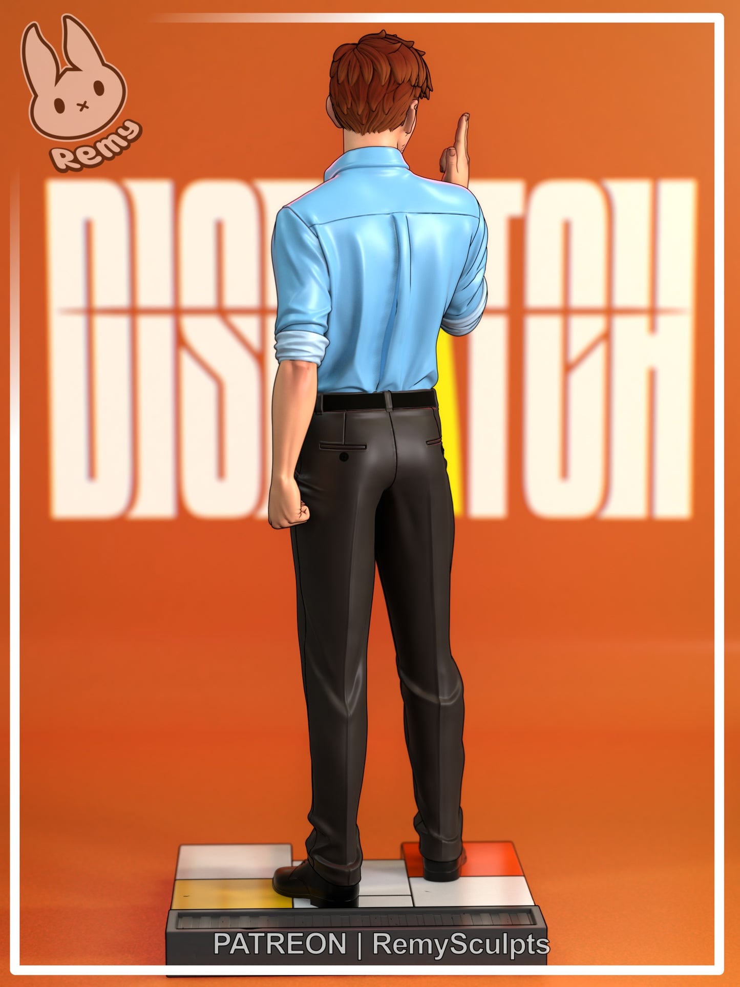 Robert Mecha Man Robertson 1:7 scale hero statue back view showing shirt folds, slacks detail, and tiled base platform