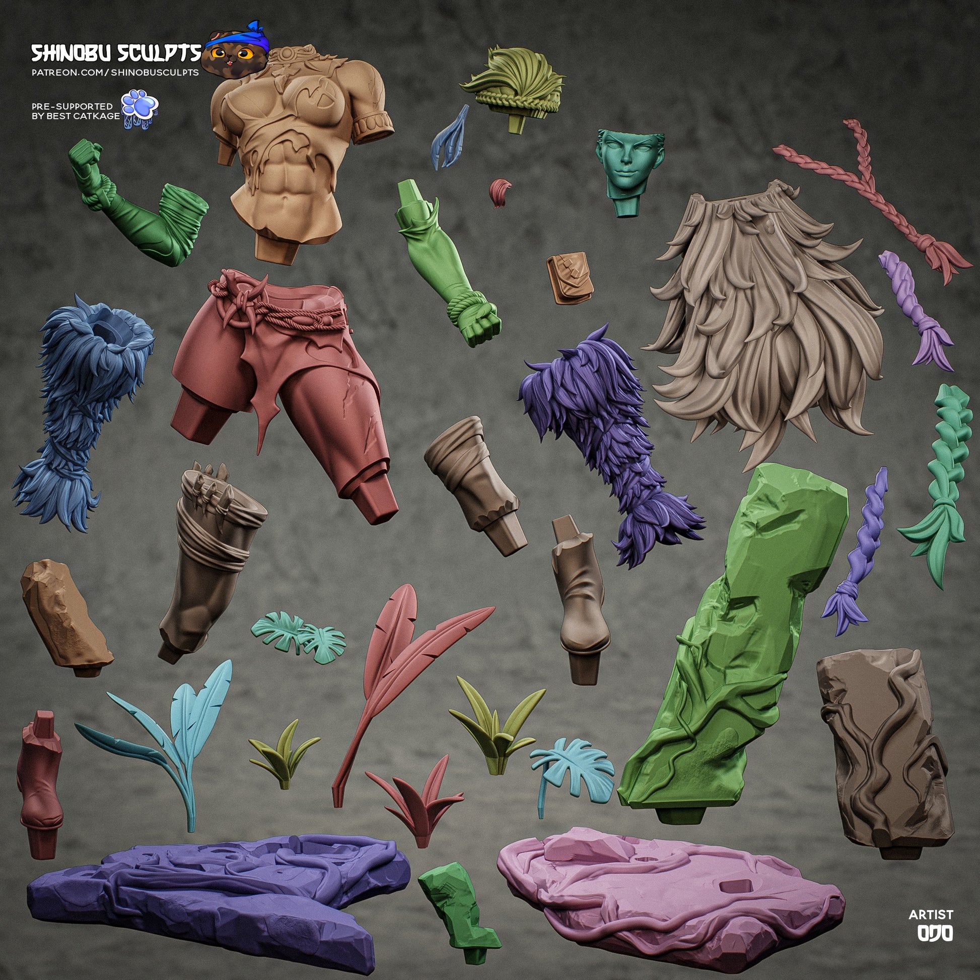 Rogue Savage X-Men 1:8 scale figure parts layout showing modular torso arms legs hair options jungle base elements and accessory pieces