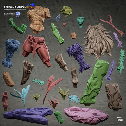 Rogue Savage X-Men 1:8 scale figure parts layout showing modular torso arms legs hair options jungle base elements and accessory pieces
