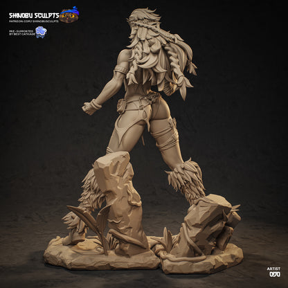 Rogue Savage X-Men 1:8 scale figure rear view showing flowing hair sculpt back musculature costume straps and rocky base elements