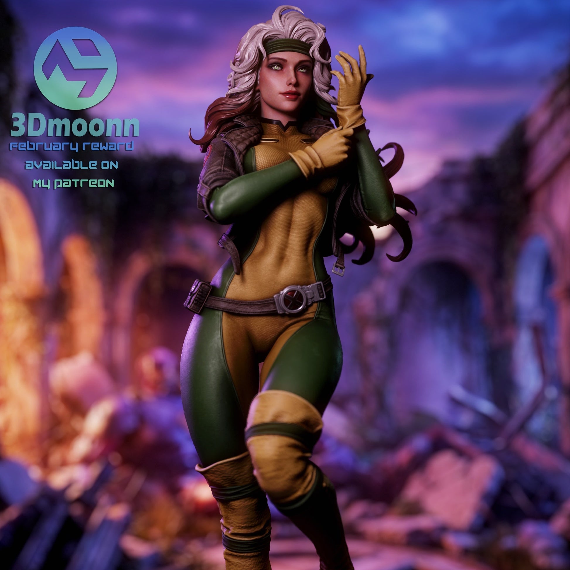 Rogue X Men resin statue front view walking pose glove adjustment superhero female figure