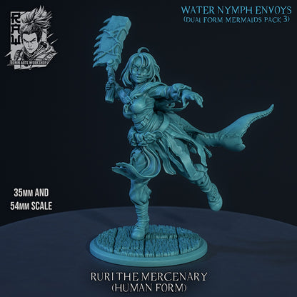 Ruri the Mercenary human form gray render resin miniature featuring sharkfolk fighter wielding oversized club in dynamic running pose