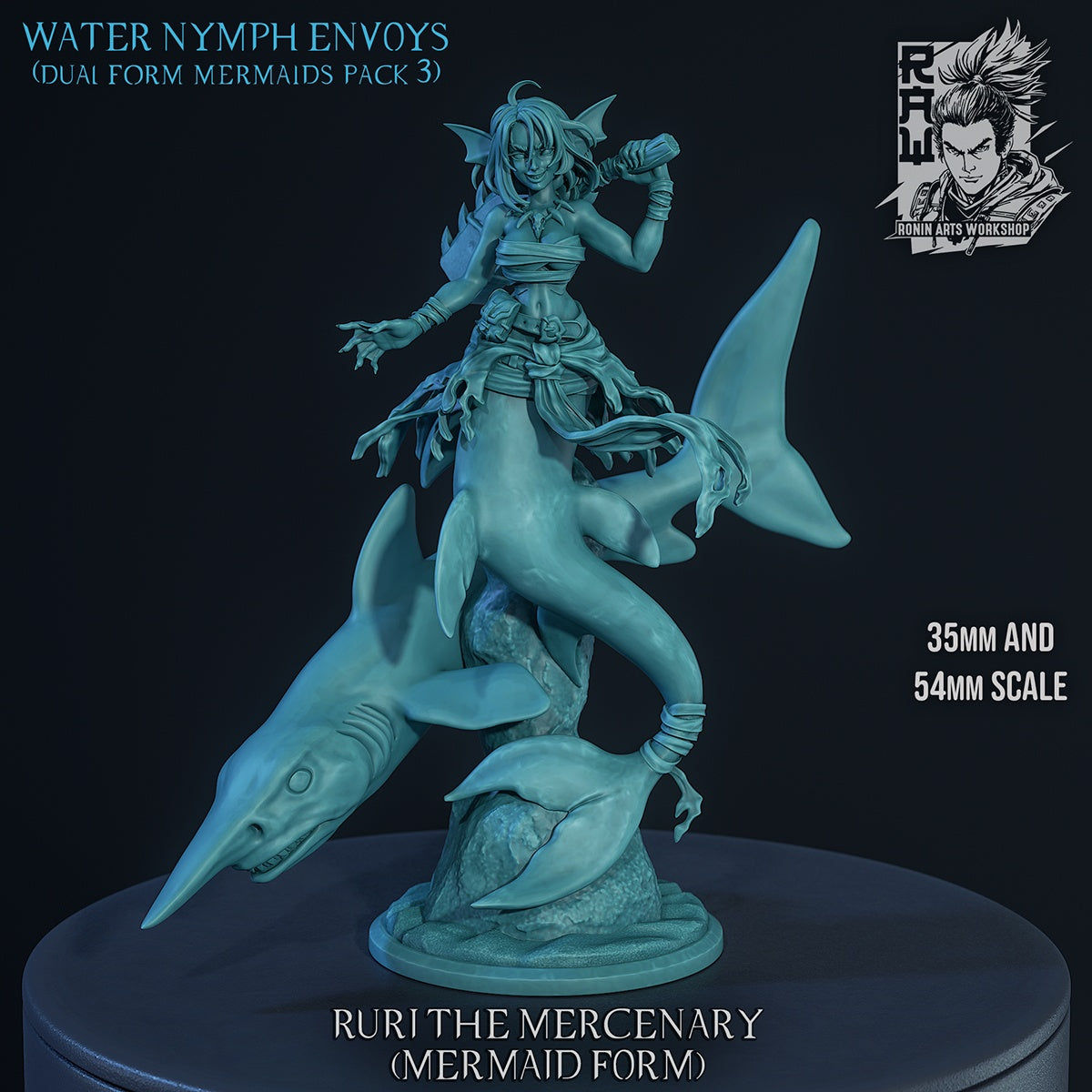 Ruri the Mercenary mermaid form gray render resin miniature featuring aquatic shark rider warrior mounted on sea predator