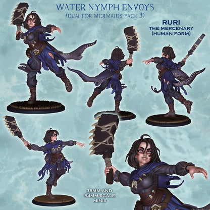 Ruri the Mercenary sharkfolk fighter resin tabletop miniature collage featuring human form wielding shark tooth club with aquatic warrior clothing and dynamic combat poses