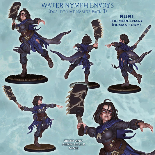 Ruri the Mercenary sharkfolk fighter resin tabletop miniature collage featuring human form wielding shark tooth club with aquatic warrior clothing and dynamic combat poses