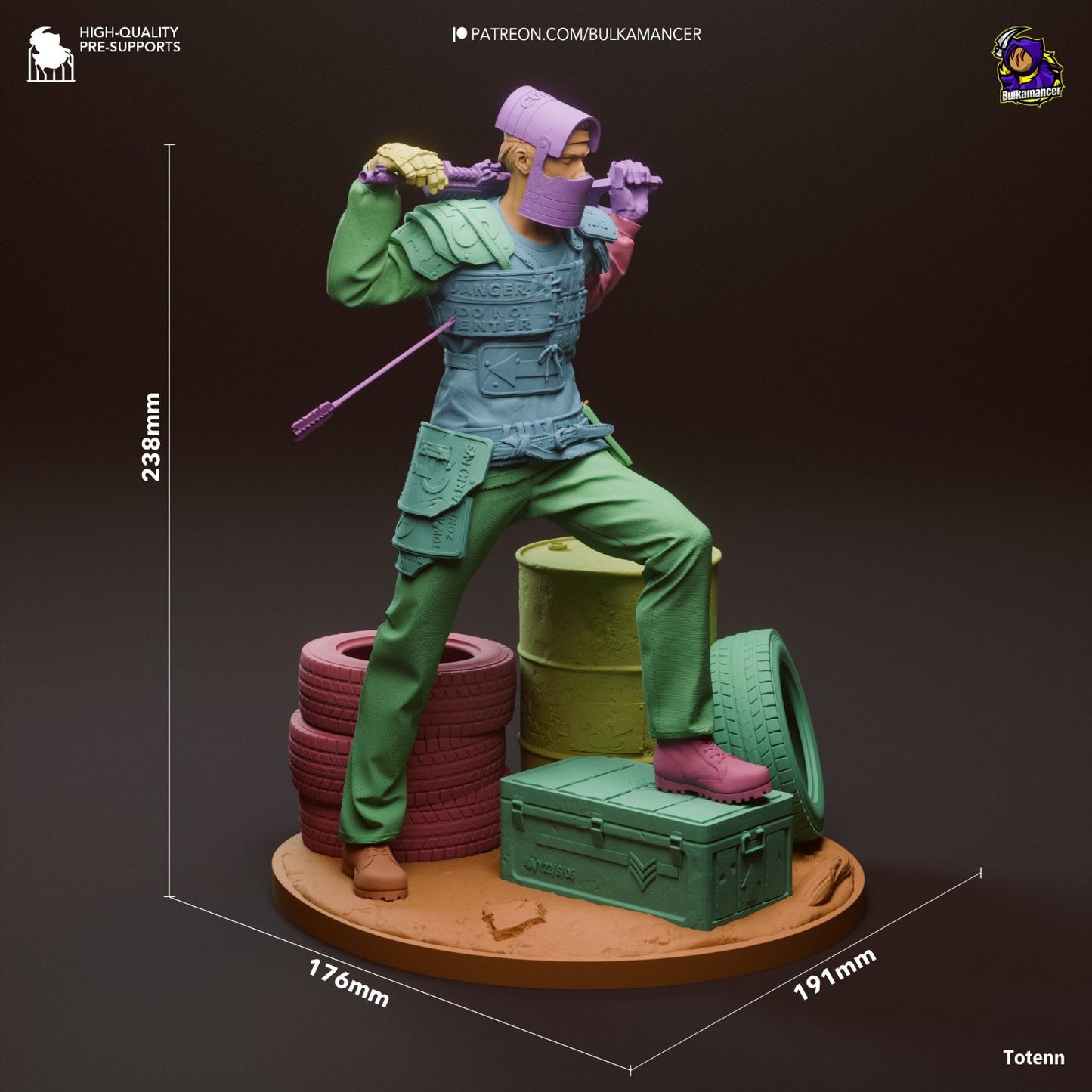 Dimensions view of the Survivor figurine, highlighting measurements and his post-apocalyptic fashion statement that screams, "Danger: Do Not Enter... unless you're into awesome collectibles!"