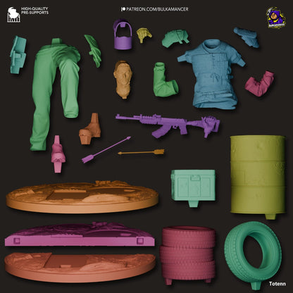 Exploded parts view of the Survivor kit, displaying disassembled components like his rifle, armor, and scavenged base—because even survivors need to piece it all together.