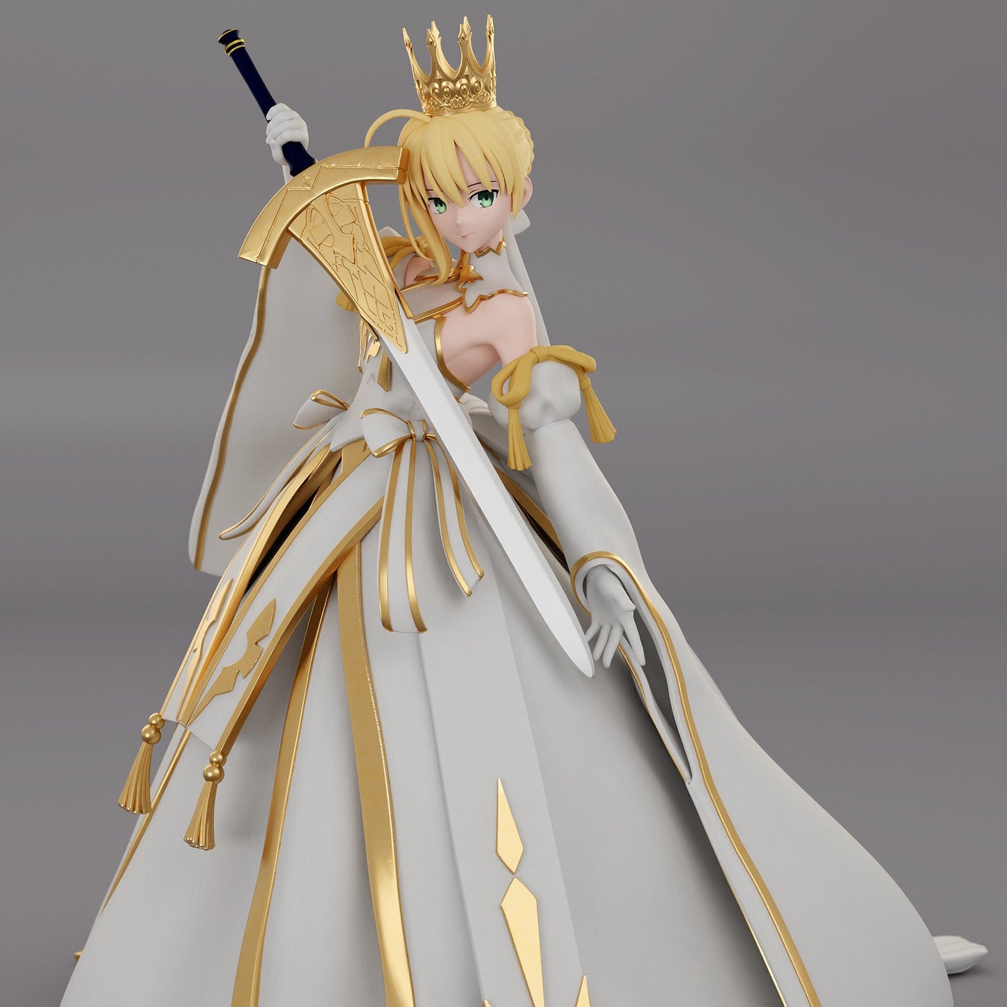 Saber Fate Grand Order 1:7 scale figure front view showing crowned knight pose sword held across body and flowing dress