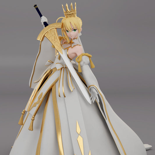 Saber Fate Grand Order 1:7 scale figure front view showing crowned knight pose sword held across body and flowing dress