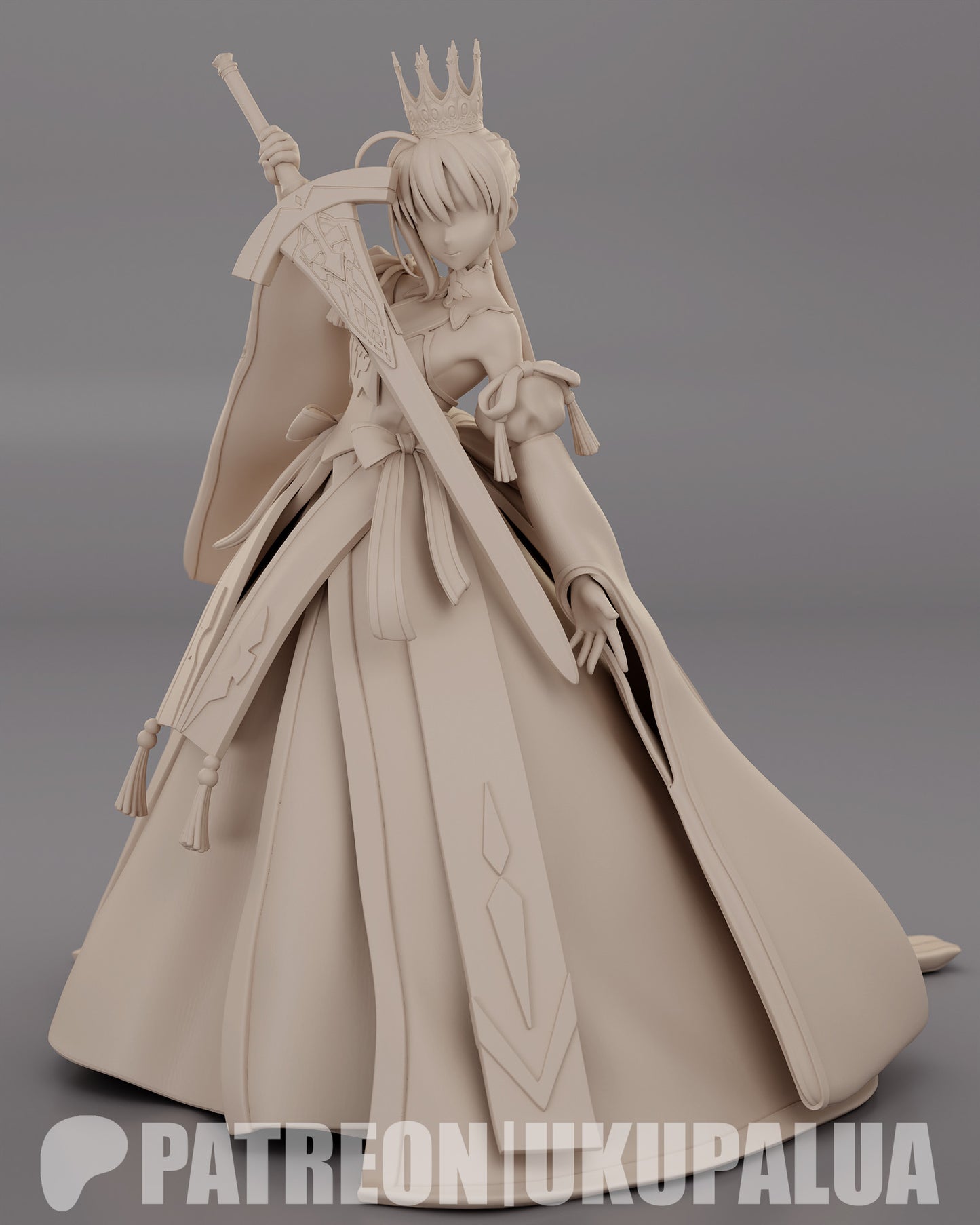 Saber statue gray render showing clean sculpt lines armor details sword and fabric layering