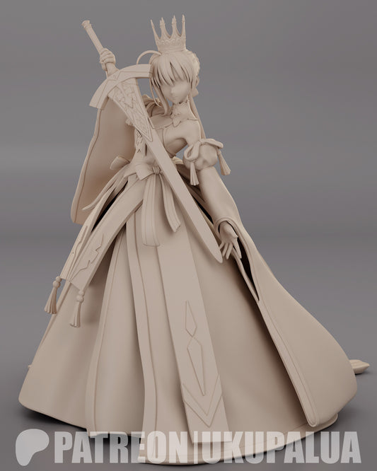 Saber statue gray render showing clean sculpt lines armor details sword and fabric layering