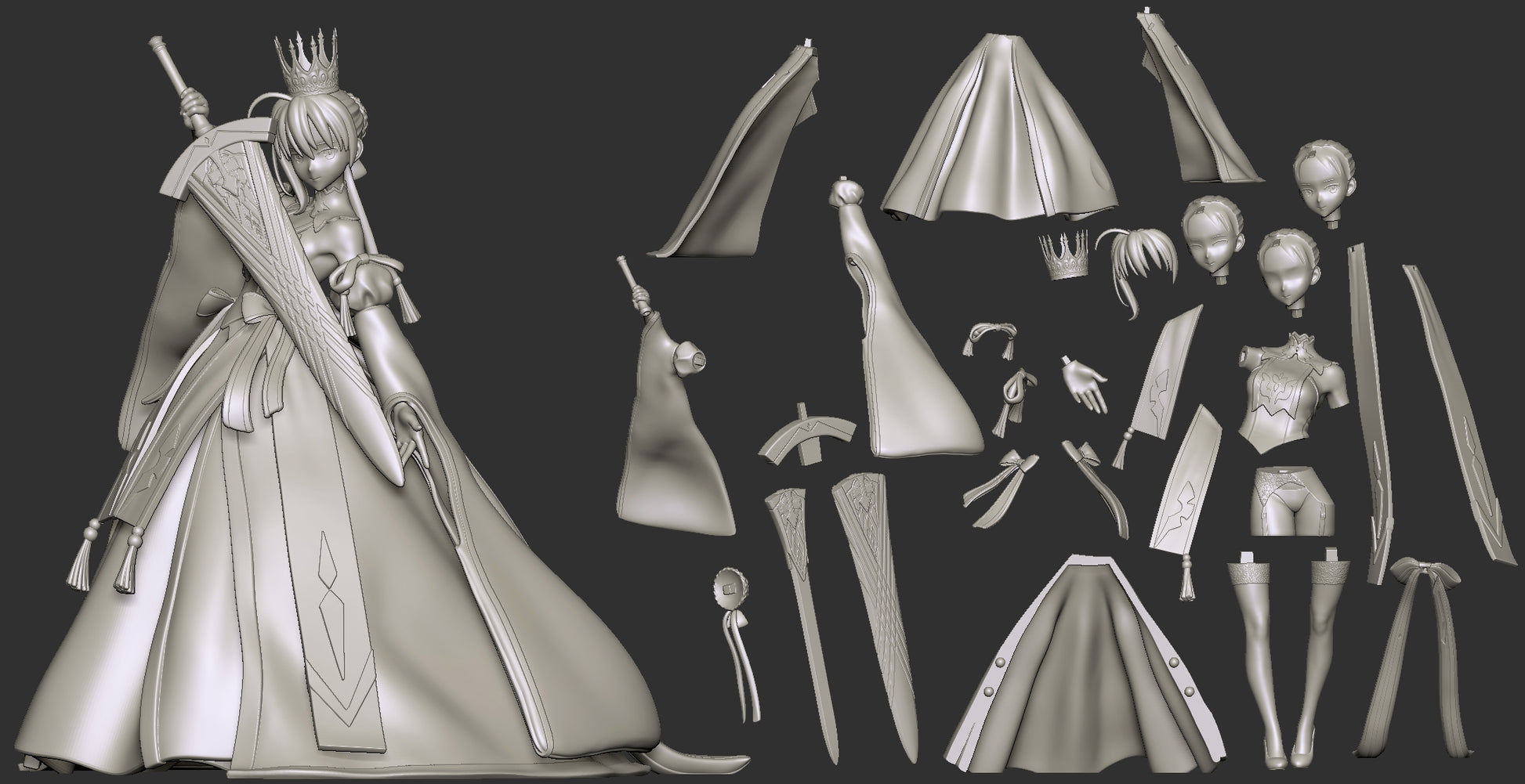 Saber Fate Grand Order statue multi angle collage showing front side and rear views