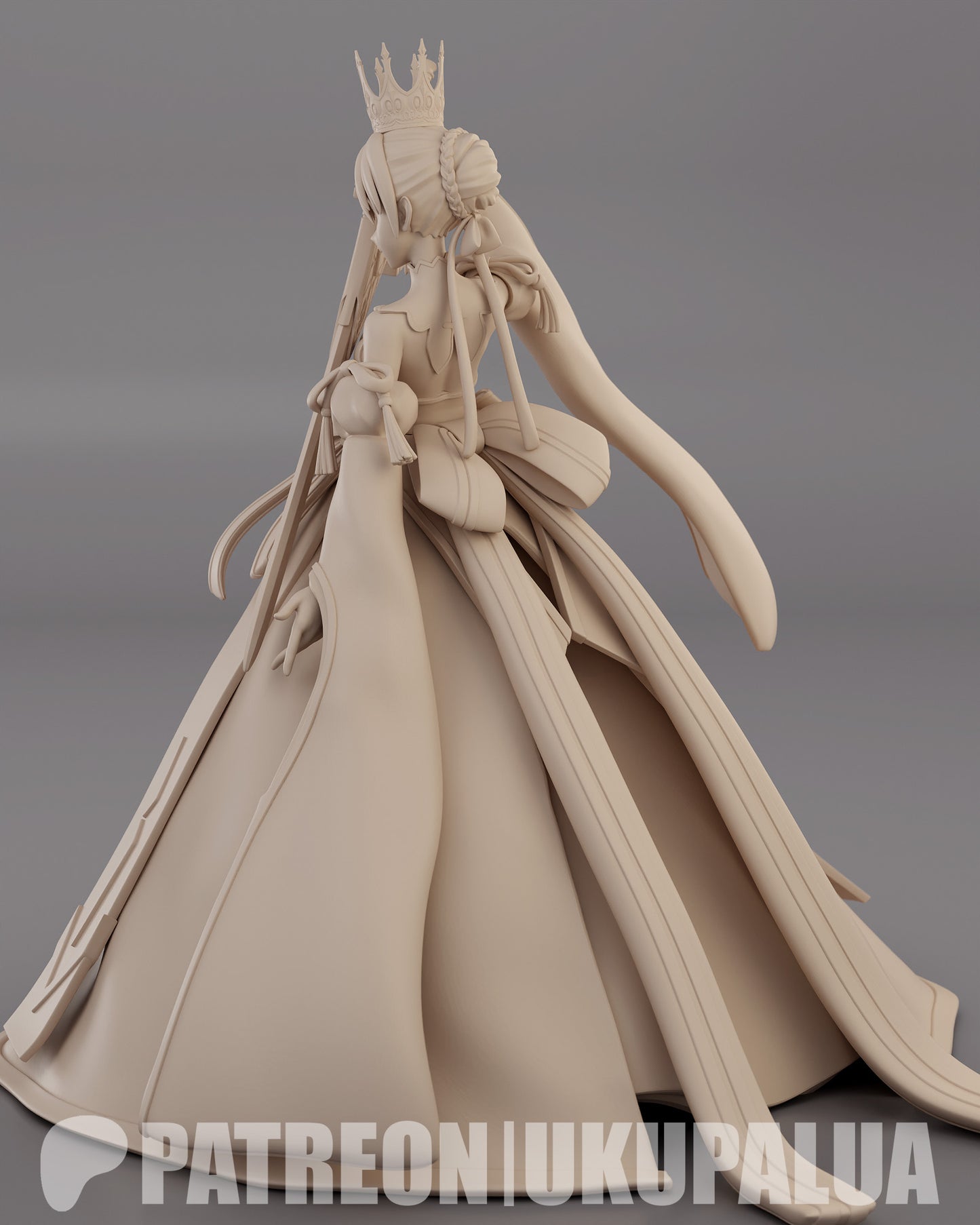 Saber statue rear view showing long dress flow back armor detailing and balanced stance