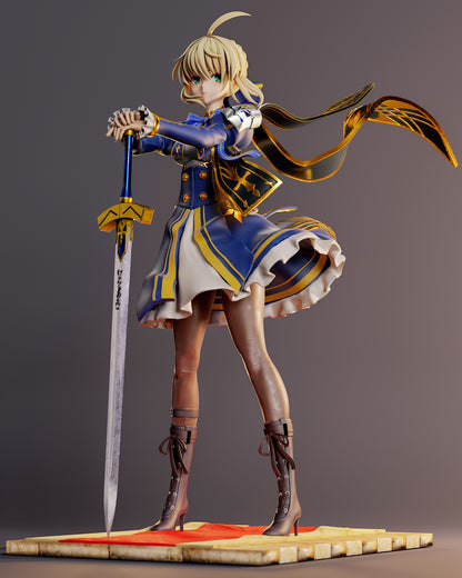 Saber 1:7 scale figure in blue and gold armor holding sword with both hands, flowing ribbon, from Fate Go and Honkai Star Rail