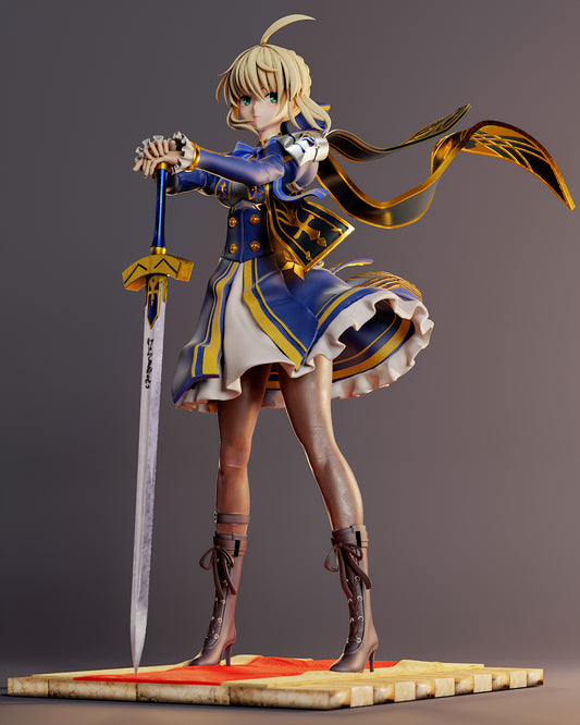 Saber 1:7 scale figure in blue and gold armor holding sword with both hands, flowing ribbon, from Fate Go and Honkai Star Rail