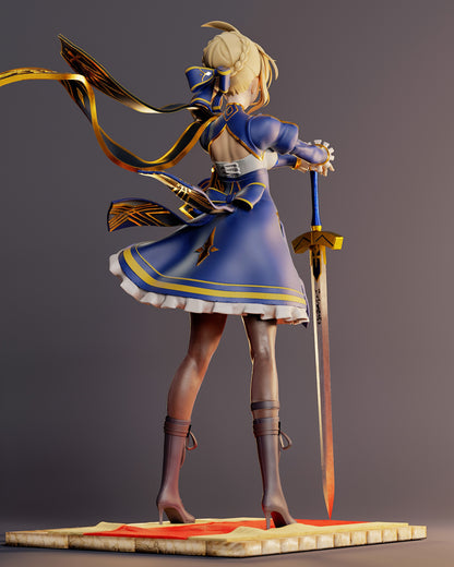 Back view of Saber figure showing detailed cape, ribbon flow, and sword position down behind her