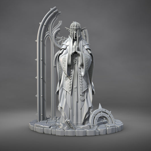 Saint Caldria of the Iron Vow elf cleric resin tabletop miniature praying female priestess with gothic robes ruined cathedral arch and holy relic base fantasy RPG miniature