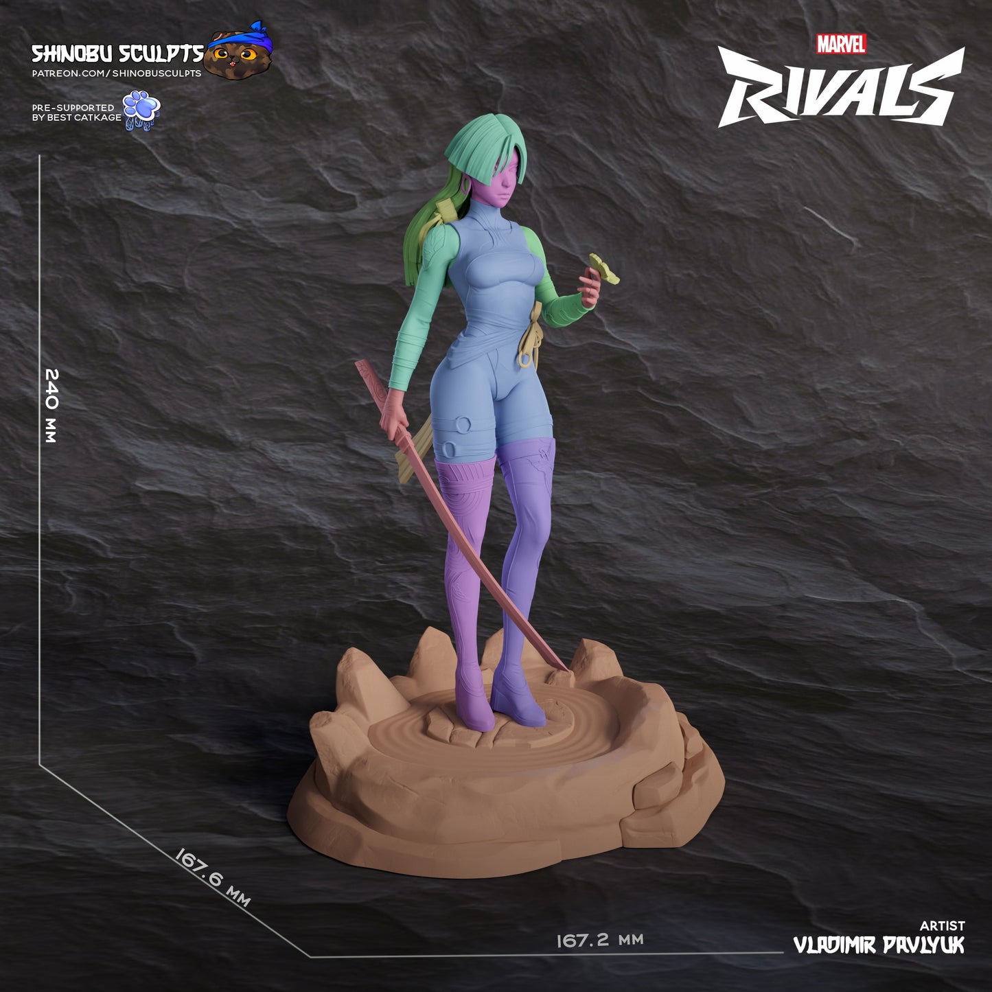 Psylocke Marvel Rivals assembled 1:8 scale figure preview with color-coded modular pieces displayed on rocky display base with measurements.