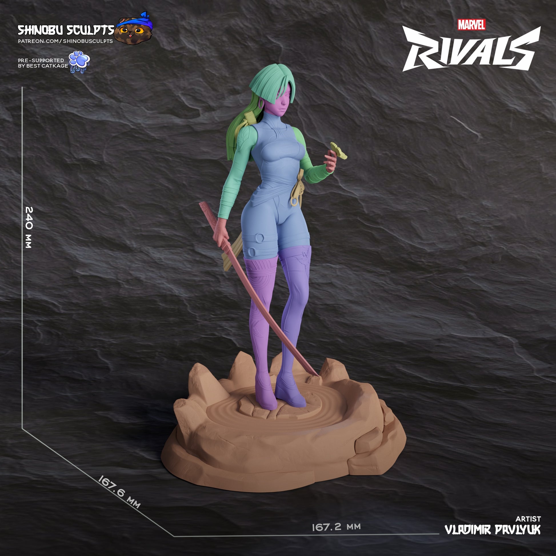 Psylocke Marvel Rivals assembled 1:8 scale figure preview with color-coded modular pieces displayed on rocky display base with measurements.