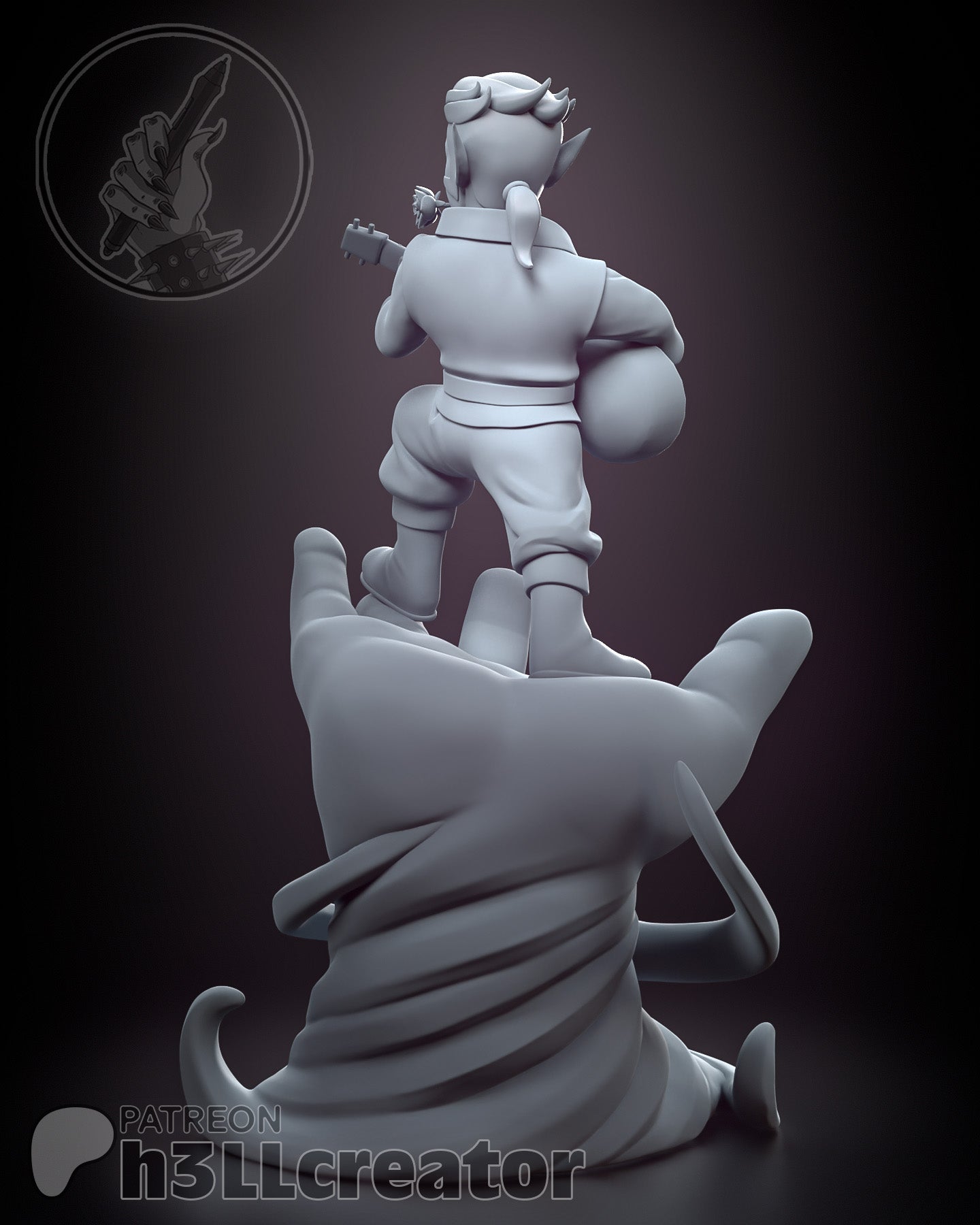 Scanlan Shorthalt Vox Machina figure rear view unpainted render showing costume details and hand-shaped base