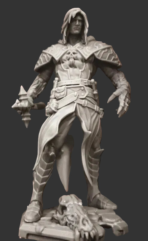 Gabriel Belmont inspired physical miniature held in hand, showing hooded male vampire hunter with engraved armor, spiked mace, detailed belt pouches, armored boots, and stone base with monster skull; ideal for fantasy RPGs like Dungeons and Dragons.