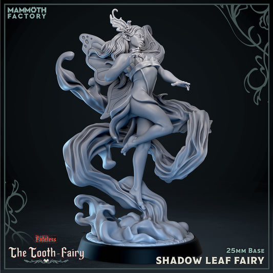 Shadow Leaf Fairy Fateless 25mm resin miniature featuring a graceful winged fey spirit floating among swirling leaves and woodland magic.