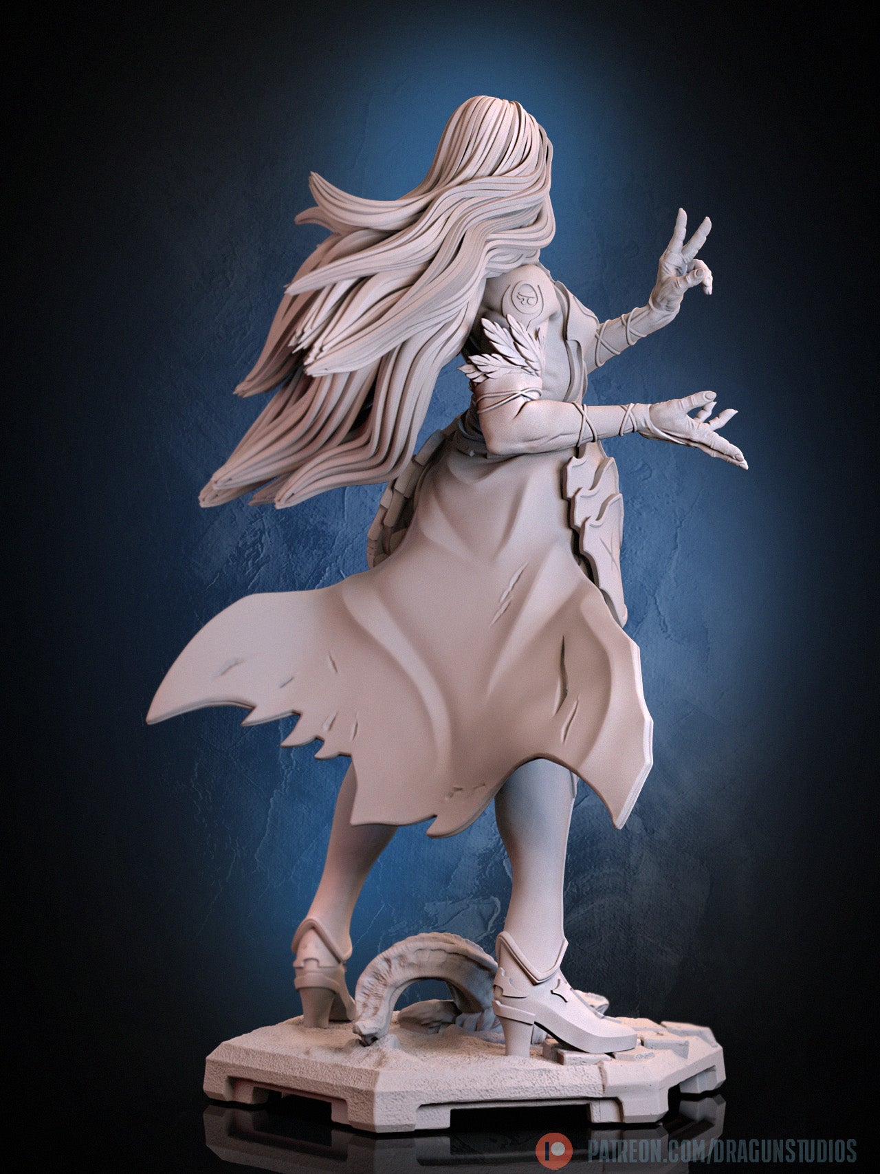 Shanoa Castlevania inspired gothic sorceress statue back view flowing hair wind swept cape armored boots demon head base