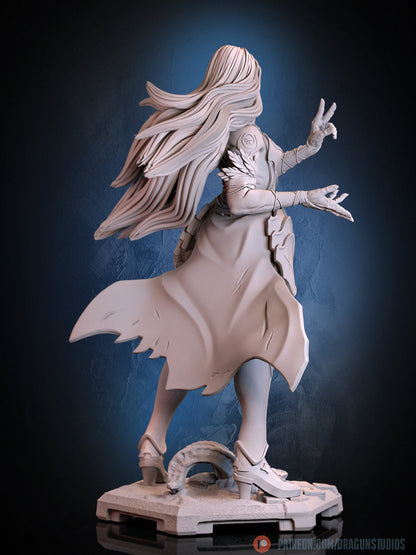 Shanoa Castlevania inspired gothic sorceress statue back view flowing hair wind swept cape armored boots demon head base