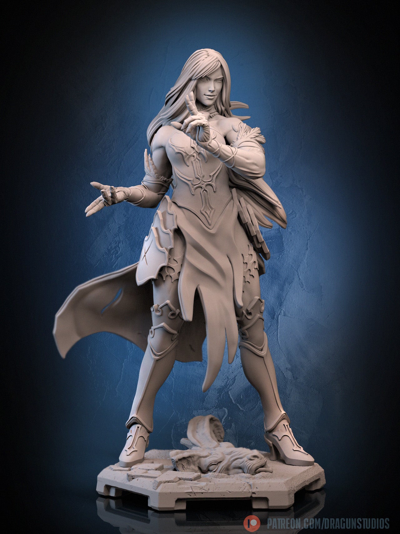 Shanoa Castlevania inspired gothic sorceress statue clay render front angle spellcasting pose flowing dress sculpt detail