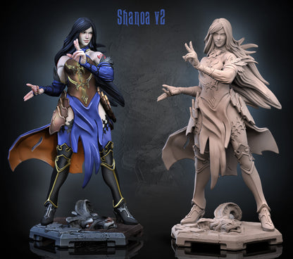 Shanoa Castlevania inspired gothic sorceress statue front view spellcasting stance flowing hair armored bodice high boots demon head base dark fantasy collectible