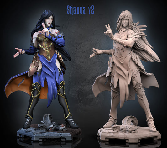 Shanoa Castlevania inspired gothic sorceress statue front view spellcasting stance flowing hair armored bodice high boots demon head base dark fantasy collectible