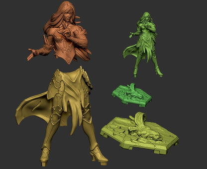 Shanoa Castlevania inspired gothic sorceress statue parts layout unassembled 3D printed kit components body base demon head dark fantasy display