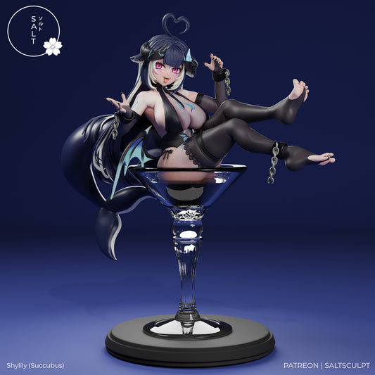 Shylily succubus VTuber figure sitting in martini glass demon wings shark tail anime collectible statue front view