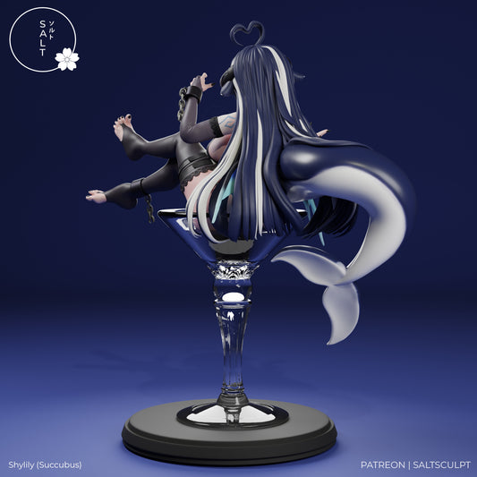 Shylily succubus VTuber figure rear view long hair shark tail demon wings martini glass anime collectible statue