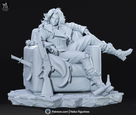 Silver Deadlock unpainted grey resin statue front render with seated chair pose shotgun and detailed clothing