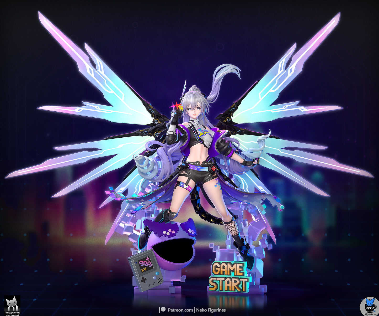 Silver Wolf LV999 Honkai Star Rail 1-8 scale figure front view with cyber wings and gaming base. No Glasses Version.