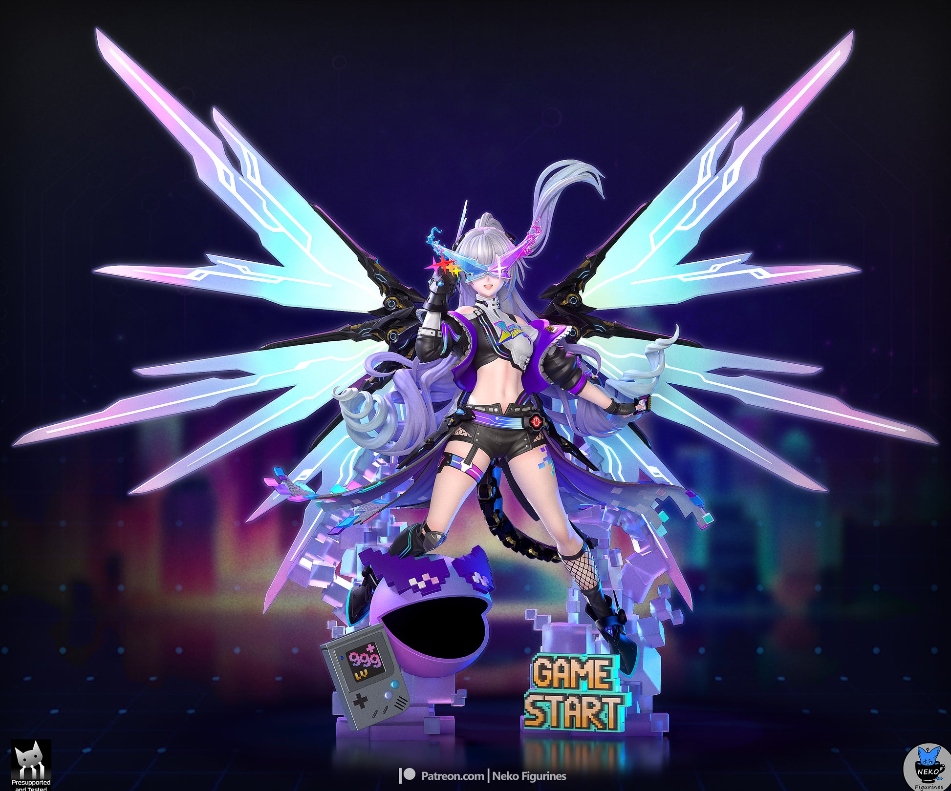 Silver Wolf LV999 Honkai Star Rail 1-8 scale figure front view with cyber wings and gaming base