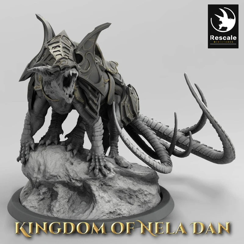 3D render of an armored beast with a roaring expression and tentacle-like appendages, standing on a rocky base.