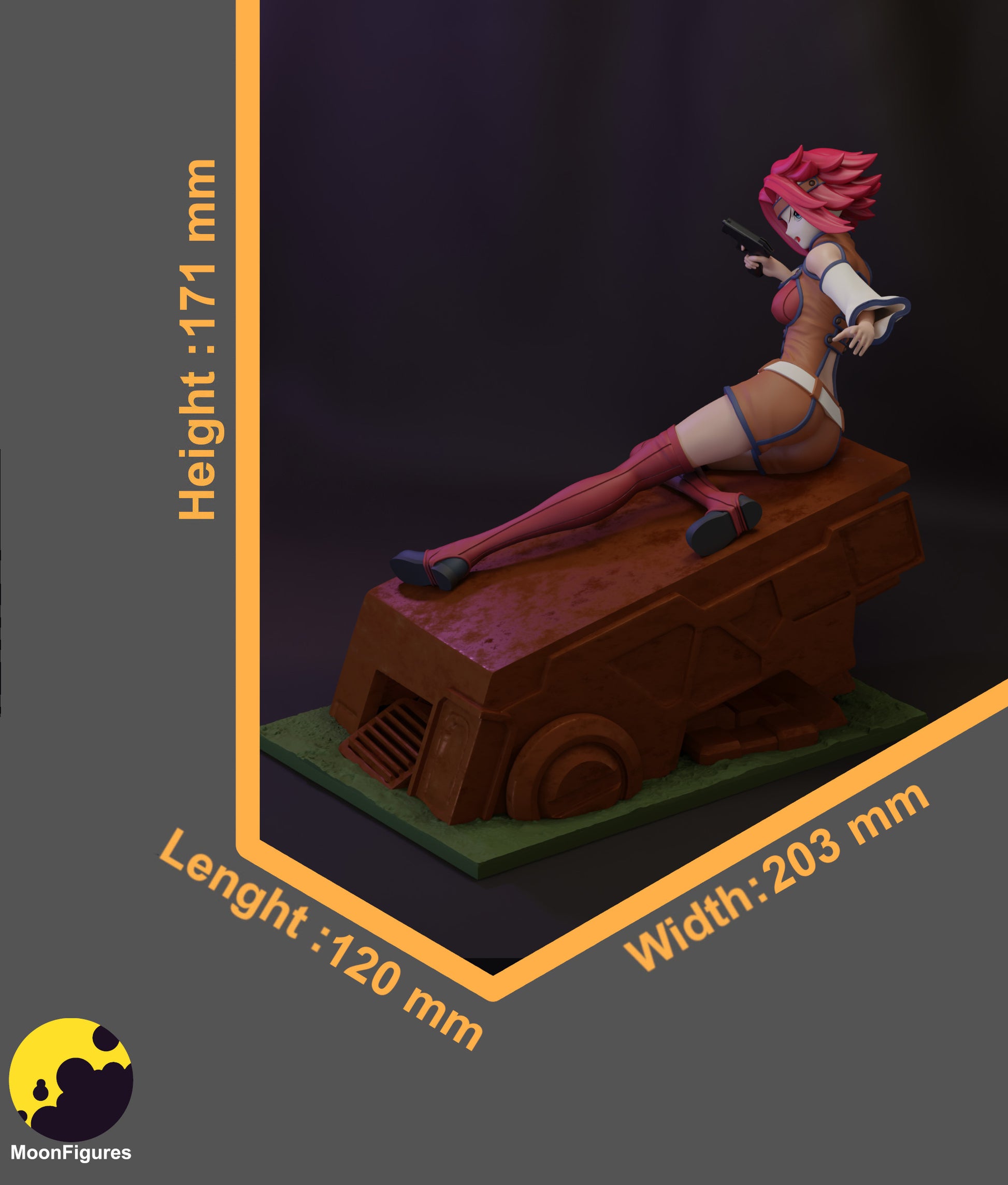Kallen Kōzuki figure size reference showing height 171mm, width 203mm, and length 120mm with seated pose on angled mechanical debris base, handgun raised, and dynamic hair sculpt.