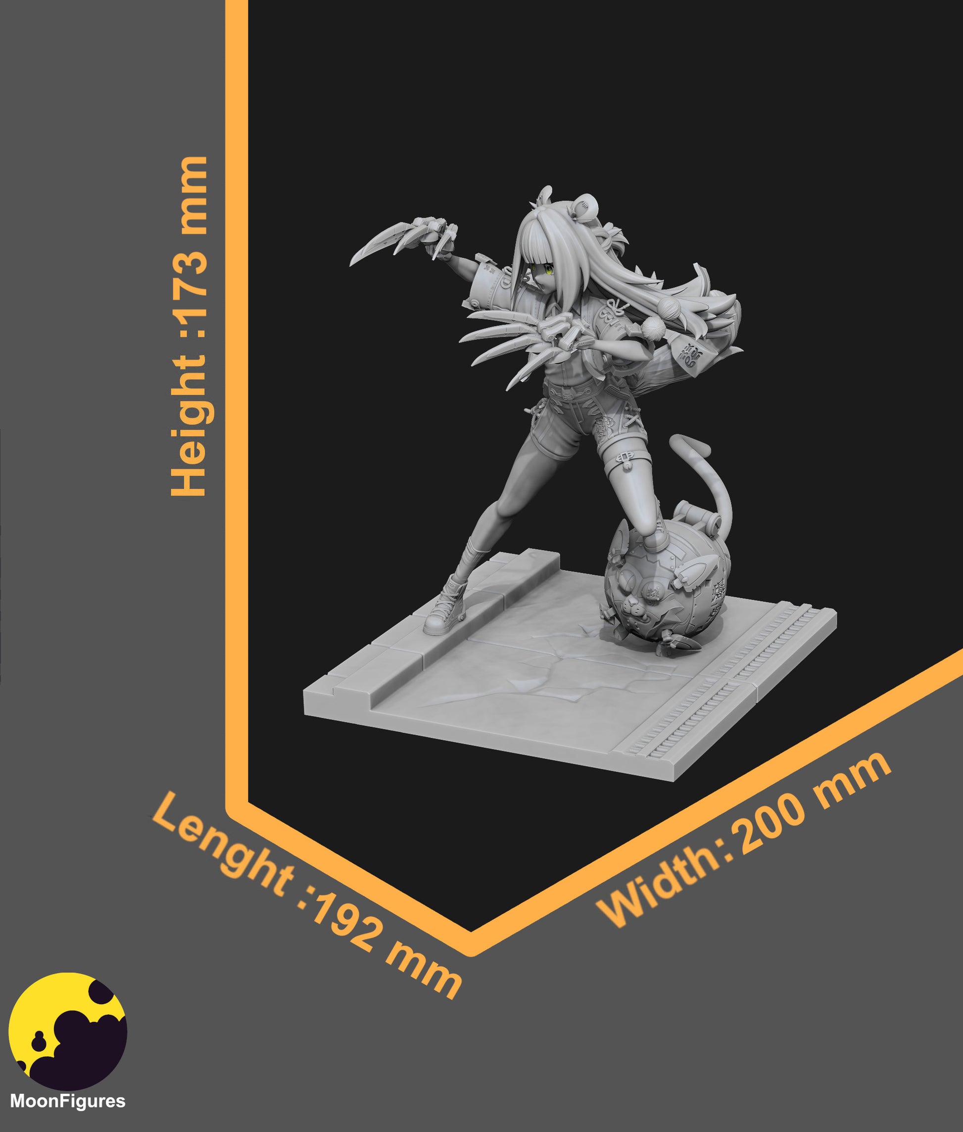Ju Fufu Zenless Zone Zero 1:8 scale figurine grayscale render with size dimensions height width length